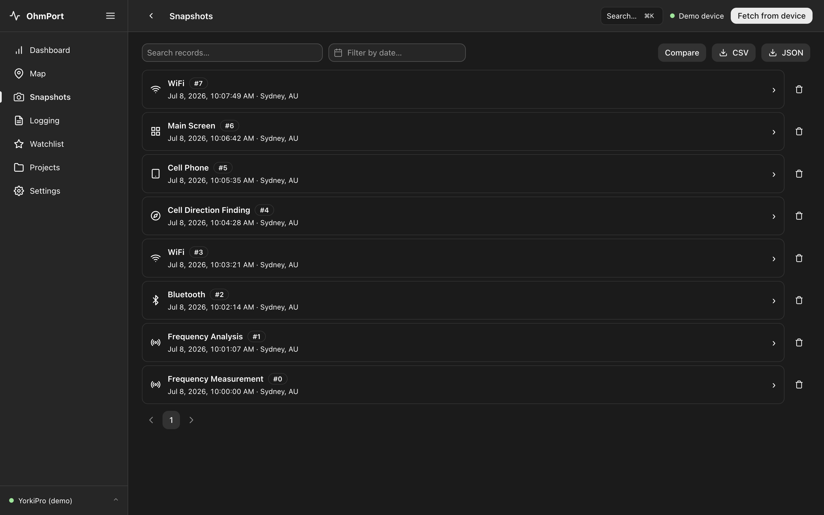 Snapshot list in OhmPort with WiFi, Cell Phone, Direction Finding, Bluetooth and Frequency records
